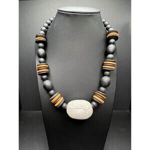 Vintage 1990's Handmade Wooden and Ceramic Beaded Statement Necklace
